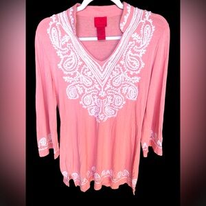 V Cristina Pink White Top Tunic Embellished Embroidered Front size medium